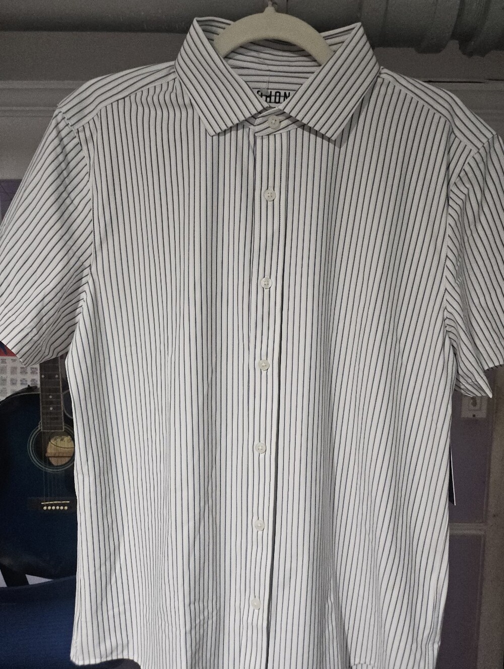 RHONE White Short-Sleeve Button-Down Shirt with Black Pinstripes